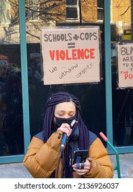 London, UK - March 18th 2022: Demonstrators Hold Placards And Give Speeches Outside Stoke Newington Police Station In Protest At The Strip Search Of Black School Girl Child Q