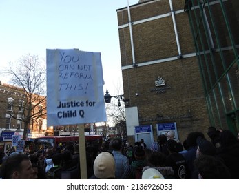 London, UK - March 18th 2022: Demonstrators Hold Placards And Give Speeches Outside Stoke Newington Police Station In Protest At The Strip Search Of Black School Girl Child Q