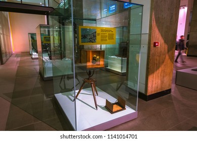 LONDON, UK- March 19, 2018: Original Daguerreotype Whole Plate Camera in the Science Museum, a major museum on Exhibition Road in South Kensington.