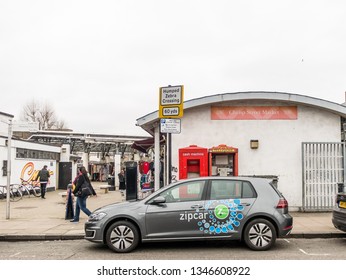 London, UK - March 21 2019: The Zip Car Parcking In The Street, The Sharing Car Available 24/7 From Convenient Locations Near You.