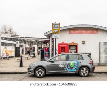 London, UK - March 21 2019: The Zip Car Parcking In The Street, The Sharing Car Available 24/7 From Convenient Locations Near You.