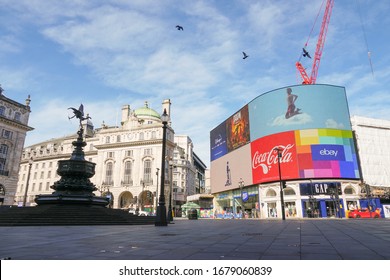 LONDON, UK  - MARCH 21, 2020: Piccadilly Circus completely deserted and empty due to COVID-19 (Coronavirus) outbreak.