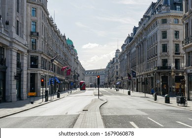 LONDON, UK  - MARCH 21, 2020: Regent Street Completely Deserted And Empty Due To COVID-19 (Coronavirus) Outbreak.