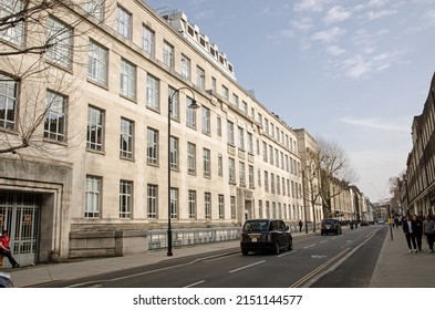 London, UK - March 21, 2022: View of the Gower Street facade of the world famous London School of Hygiene and Tropical Medicine, part of the University of London.