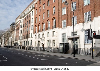 London, UK - March 21, 2022: Gower Street in Camden, Central London with the headquarters of the Royal Academy of Dramatic Art - RADA -, Warwickshire House  and University of Central London.