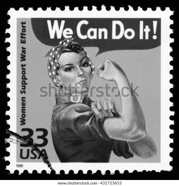 London, UK, March 22 2012 - 1998\
United States of America cancelled postage stamp  commemorating 50\
years of the women\'s suffrage movement, black and white\
image