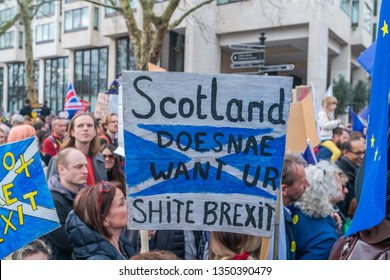 LONDON, UK - MARCH 23, 2019: Hundreds of thousands Remain campaign protesters join People's Vote March in central London demanding a vote on the final Brexit deal.