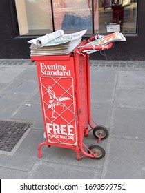 London UK, March 23 2020: Evening Standard Newspaper Stand In Central London.