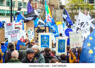 London, UK - March 23rd 2019: People’s Vote March, activists and demonstrators take part in a march to parliament, protesting against Britain leaving the EU, wanting a second referendum.