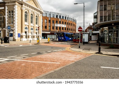 London UK, March 25 2021, Public Transport Single Decker Bus Driving Along Empty High Streets Wirth No People