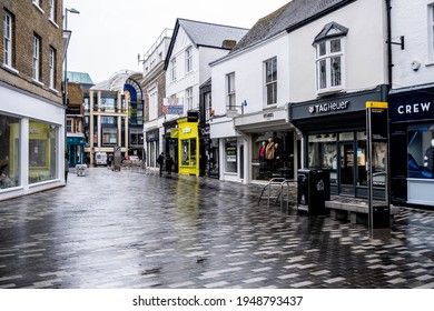 London UK, March 26 2021, Empty High Street With No People On A Wet Day During Covid-19 Coronavirus Lockdown