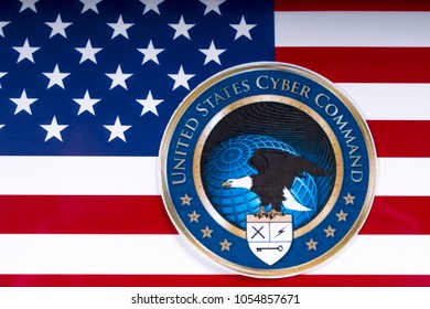 LONDON, UK - MARCH 26TH 2018: The Symbol Of The United States Cyber Command Portrayed With The US Flag, On 26th March 2018. 