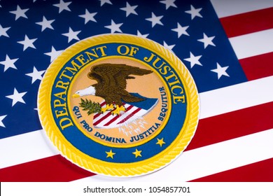 LONDON, UK - MARCH 26TH 2018: The symbol of the United States Department of Justice portrayed with the US flag, on 26th March 2018. 