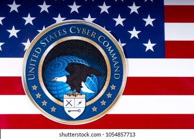 LONDON, UK - MARCH 26TH 2018: The Symbol Of The United States Cyber Command Portrayed With The US Flag, On 26th March 2018. 