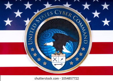 LONDON, UK - MARCH 26TH 2018: The Symbol Of The United States Cyber Command Portrayed With The US Flag, On 26th March 2018. 