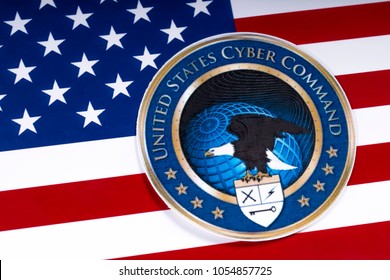 LONDON, UK - MARCH 26TH 2018: The Symbol Of The United States Cyber Command Portrayed With The US Flag, On 26th March 2018. 