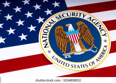 LONDON, UK - MARCH 26TH 2018: The Symbol Of The National Security Agency Portrayed With The US Flag, On 26th March 2018. The NSA Is A National-level Intelligence Agency Of The US Department Of Defense