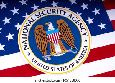 LONDON, UK - MARCH 26TH 2018: The Symbol Of The National Security Agency Portrayed With The US Flag, On 26th March 2018. The NSA Is A National-level Intelligence Agency Of The US Department Of Defense