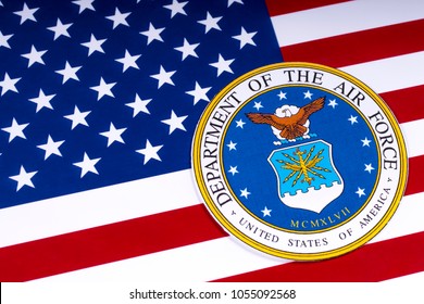 LONDON, UK - MARCH 26TH 2018: The Symbol Of The United States Department Of The Air Force Portrayed With The US Flag, On 26th March 2018. 