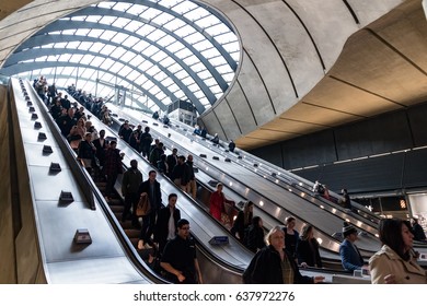 London, UK - March 27, 2017: Canary Wharf tube station during the rush hour with many commuters