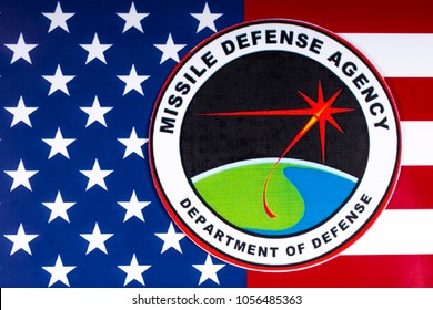 LONDON, UK - MARCH 27TH 2018: The Seal Or Symbol Of The Missile Defense Agency Of The US Department Of Defense, Portrayed With The USA Flag, On 27th March 2018.