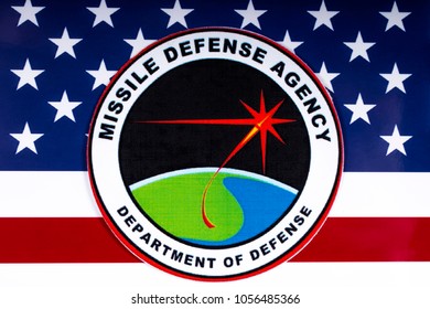 LONDON, UK - MARCH 27TH 2018: The Seal Or Symbol Of The Missile Defense Agency Of The US Department Of Defense, Portrayed With The USA Flag, On 27th March 2018.