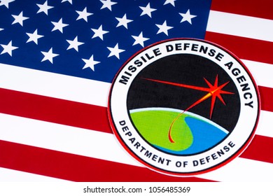 LONDON, UK - MARCH 27TH 2018: The Seal Or Symbol Of The Missile Defense Agency Of The US Department Of Defense, Portrayed With The USA Flag, On 27th March 2018.