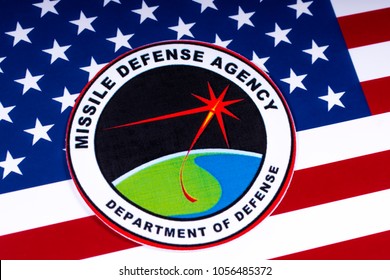 LONDON, UK - MARCH 27TH 2018: The Seal Or Symbol Of The Missile Defense Agency Of The US Department Of Defense, Portrayed With The USA Flag, On 27th March 2018.