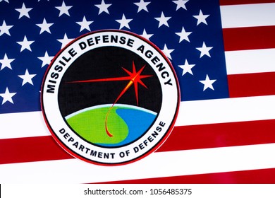 LONDON, UK - MARCH 27TH 2018: The Seal Or Symbol Of The Missile Defense Agency Of The US Department Of Defense, Portrayed With The USA Flag, On 27th March 2018.