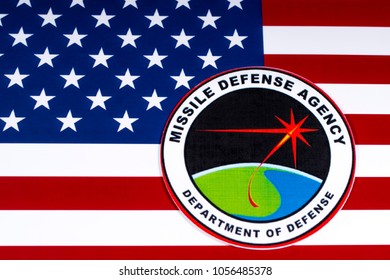 LONDON, UK - MARCH 27TH 2018: The Seal Or Symbol Of The Missile Defense Agency Of The US Department Of Defense, Portrayed With The USA Flag, On 27th March 2018.