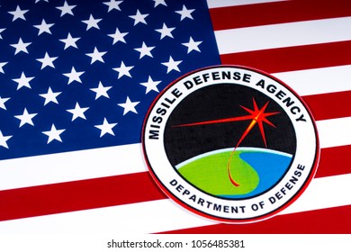 LONDON, UK - MARCH 27TH 2018: The Seal Or Symbol Of The Missile Defense Agency Of The US Department Of Defense, Portrayed With The USA Flag, On 27th March 2018.