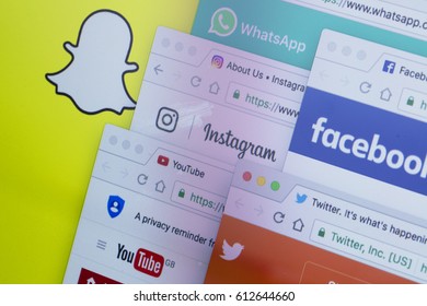 LONDON, UK - MARCH 29th 2017: Photograph Of A Collection Of Popular Social Media Websites. Facebook, Snapchat, Whatsapp, Youtube, Twitter, Instagram.