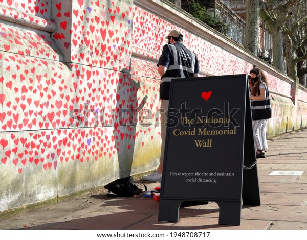 London, UK - March 30, 2021: The National Covid\
Memorial Wall, volunteers painting 150,000 red hearts to\
commemorate Covid-19\
deaths