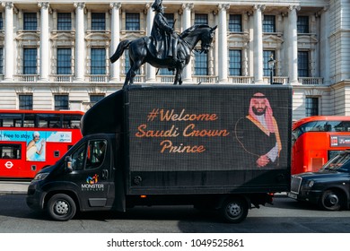 London, UK - March 7th, 2018: Van Passes Whitehall With A Digital Message  Welcoming The Saudi Crown Prince Of Saudi Arabia, Mohammad Bin Salman 