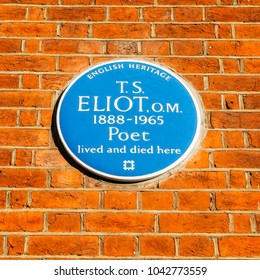 London, UK - March 8, 2018: English Heritage Blue Plague Of Where The Famous Poet T.S Eliot Lived And Died