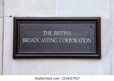 London, UK - March 8th 2022: The vintage sign on the exterior of Broadcasting House - the headquarters of the BBC, located on the corner of Portland Place and Langham Place in London, UK.