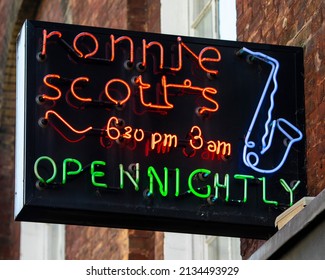 London, UK - March 8th 2022: The Neon Sign On The Exterior Of The Famous Ronnie Scotts Jazz Club, Located On Frith Street In The Soho Area Of London, UK.