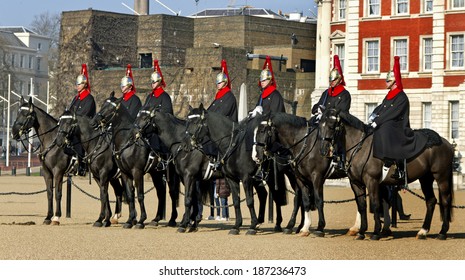 LONDON, UK -MARCH 9: Members of the Queen's Horse Guard on duty. Horse Guards Parade, London on March 9,  2014.