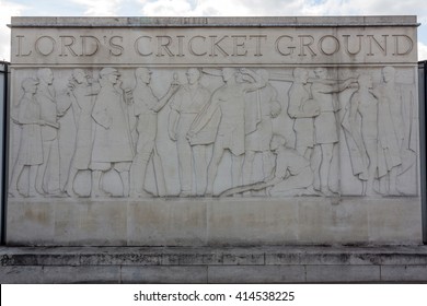 LONDON, UK - MAY 03, 2016: Perimeter wall display at Lord's Cricket Ground in London, England. It is referred to as the home of cricket and is home to the world's oldest cricket museum.