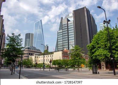 London / UK - May 10 2020: Empty Fenchurch Street In The City Of London During Covid 19 Lockdown 