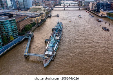 London, UK. May 10, 2021. Navy Ship Museum On The River Thames In London, UK.