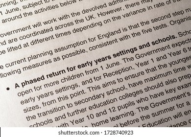 London, UK - May 11th 2020: Return To Schools Heading In The Document Our Plan To Rebuild - The UK Governments COVID-19 Recovery Strategy.