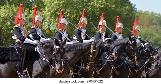 LONDON, UK - MAY 13 2015:Mounted troopers of the Household Cavalry during ceremony at Horse Guards.The soldiers charged with guarding the official royal residences in the United Kingdom.