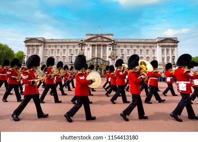 LONDON, UK - MAY 13 2018: The changing of the guard at Buckingham Palace - is a formal ceremony in which a group of soldiers is relieved of their duties by a new batch of soldiers