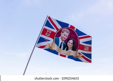 LONDON, UK - MAY 14th 2018: Union Jack Flag Celebrating The Royal Wedding Of Prince Harry And Meghan Markle.