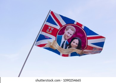 LONDON, UK - MAY 14th 2018: Union Jack Flag Celebrating The Royal Wedding Of Prince Harry And Meghan Markle.