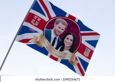 LONDON, UK - MAY 14th 2018: Union Jack Flag Celebrating The Royal Wedding Of Prince Harry And Meghan Markle.