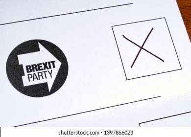 London, UK - May 14th 2019: A Ballot Paper For The 2019 European Elections, With A Vote Cast For The Brexit Party.