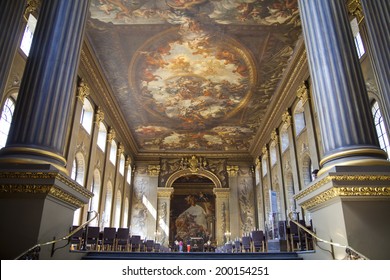 LONDON, UK - MAY 15, 2014: Painted Hall. Paintings Took For Sir James  Thornhill 19 Years To Complete. It Where Nelson Lay In State After His Death At The Battle Of Trafalgar.