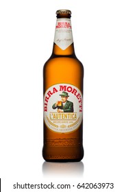 LONDON, UK - MAY 15, 2017: Bottle Of Birra Moretti Beer On White Background, Italian Brewing Company, Founded In Udine In 1859 By Luigi Moretti